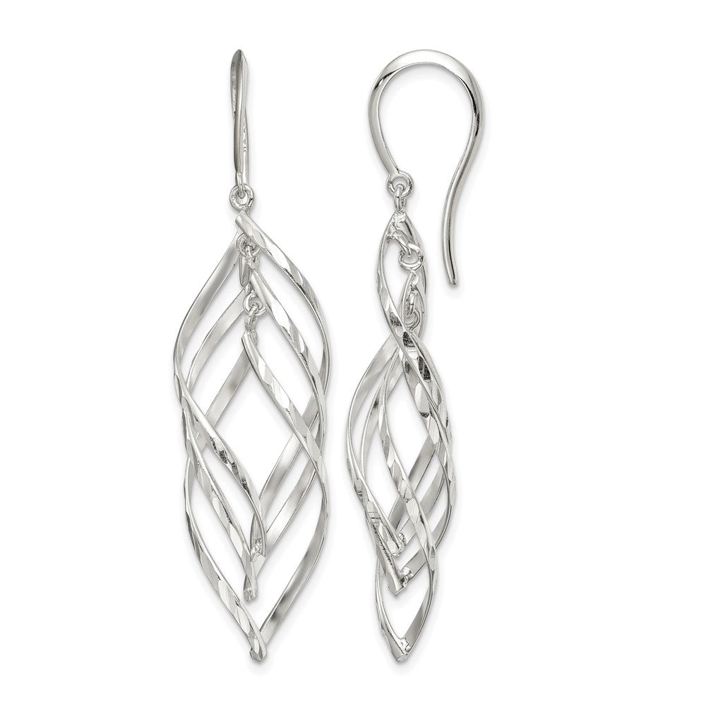 Sterling Silver Fancy Polished & Diamond-cut Twisted Dangle Earrings