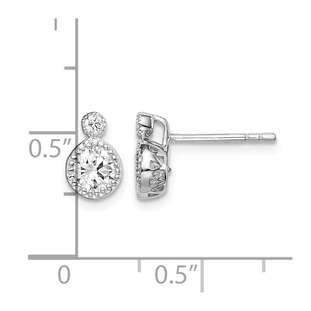 Sterling Silver RH-plated Polished & Beaded Double CZ Circle Post Earrings
