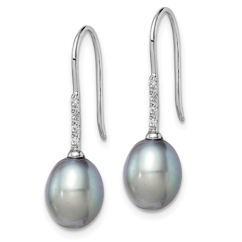 Sterling Silver RH-plated 7-8mm Grey FWC Pearl & CZ Dangle Earrings