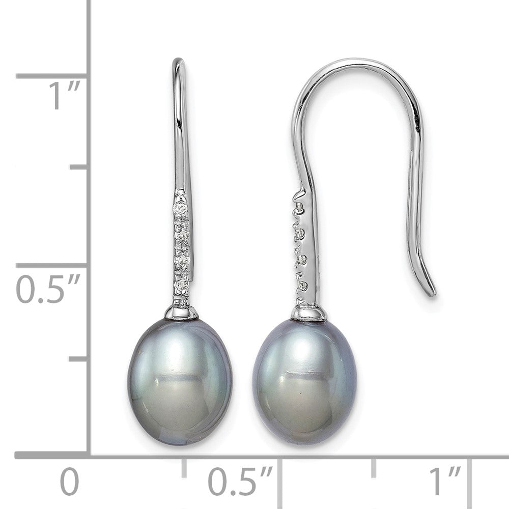 Sterling Silver RH-plated 7-8mm Grey FWC Pearl & CZ Dangle Earrings