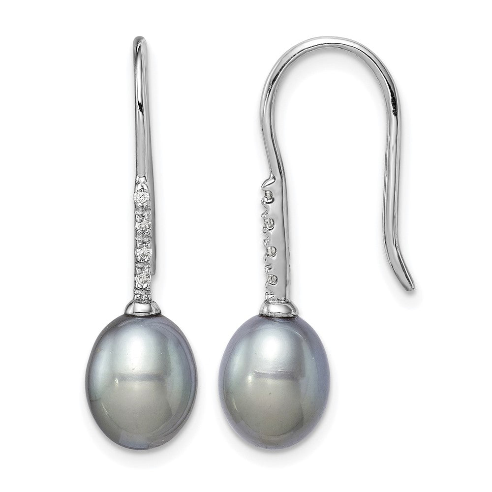 Sterling Silver RH-plated 7-8mm Grey FWC Pearl & CZ Dangle Earrings