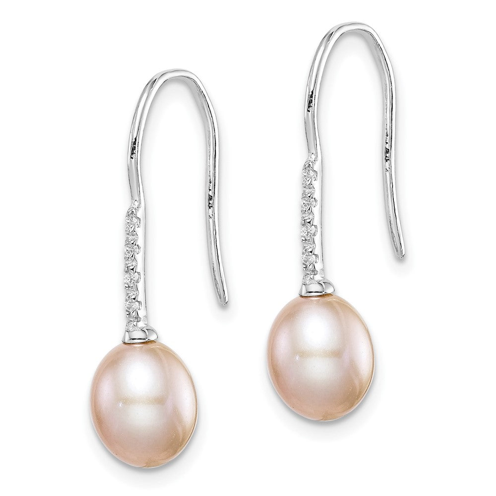 Sterling Silver Rhodium-plated 7-8mm Pink FWC Pearl CZ Dangle Earrings