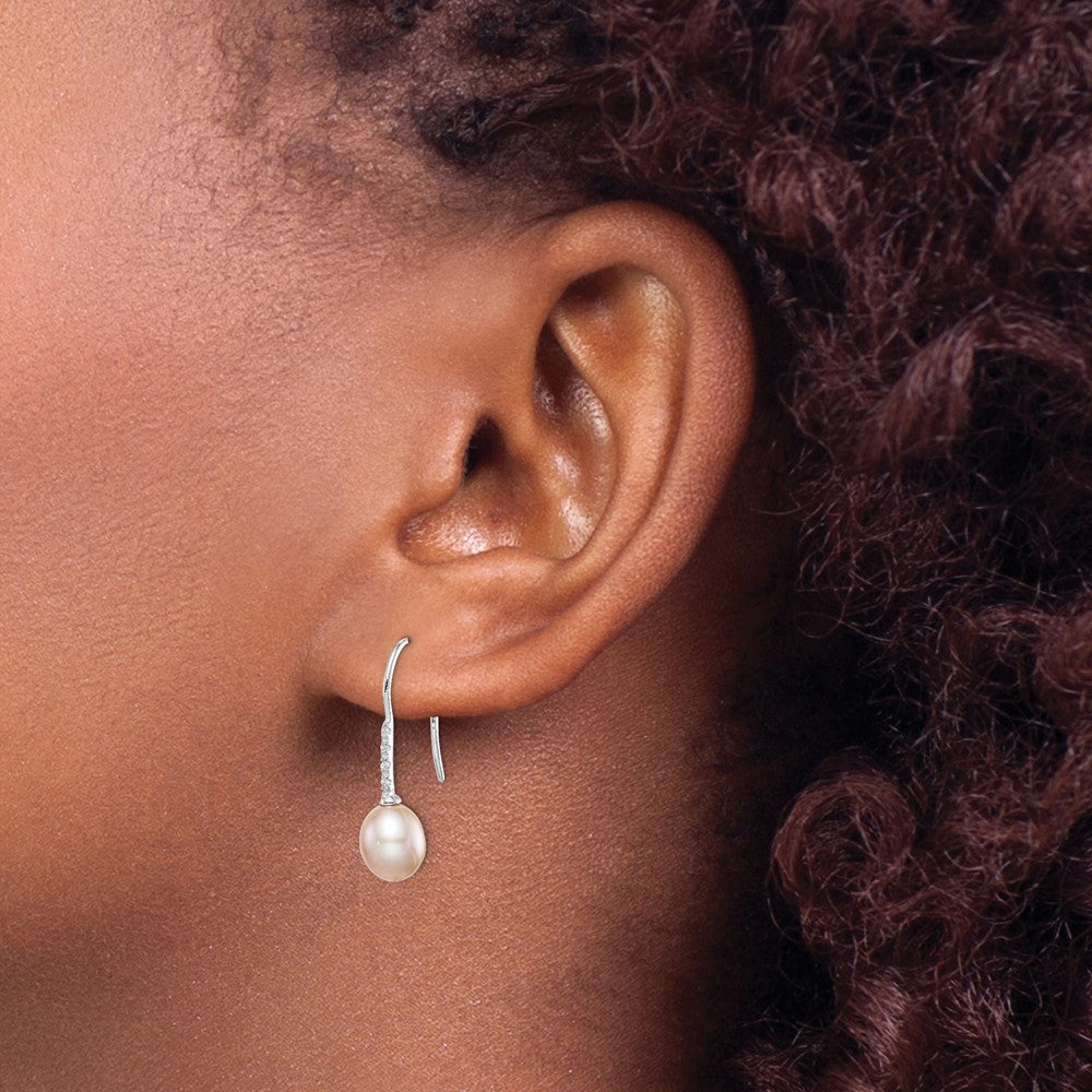 Sterling Silver Rhodium-plated 7-8mm Pink FWC Pearl CZ Dangle Earrings
