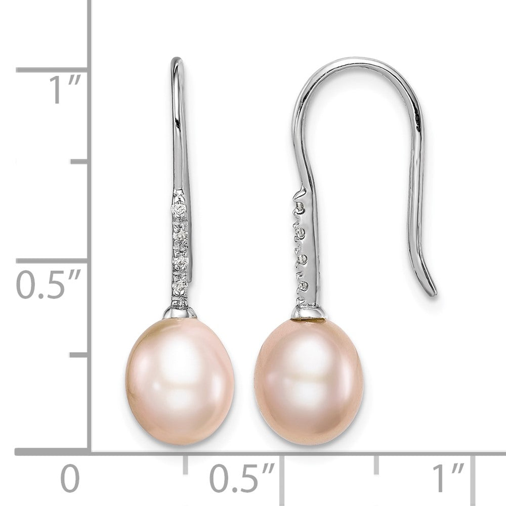 Sterling Silver Rhodium-plated 7-8mm Pink FWC Pearl CZ Dangle Earrings