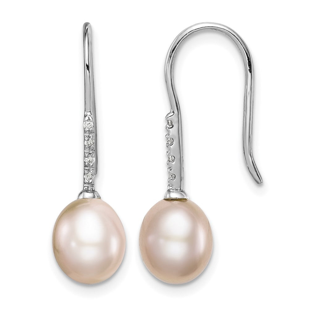 Sterling Silver Rhodium-plated 7-8mm Pink FWC Pearl CZ Dangle Earrings