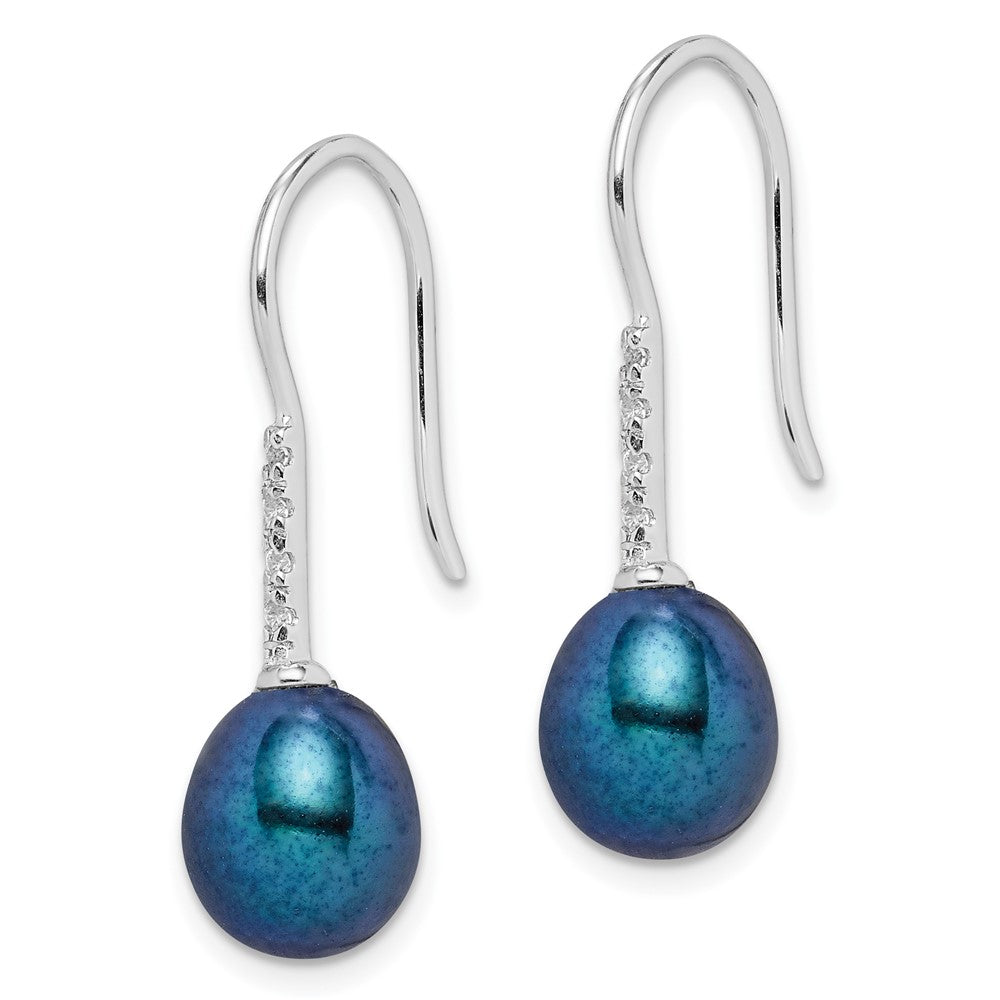 Sterling Silver RH-plated 7-8mm Black FWC Pearl & CZ Dangle Earrings