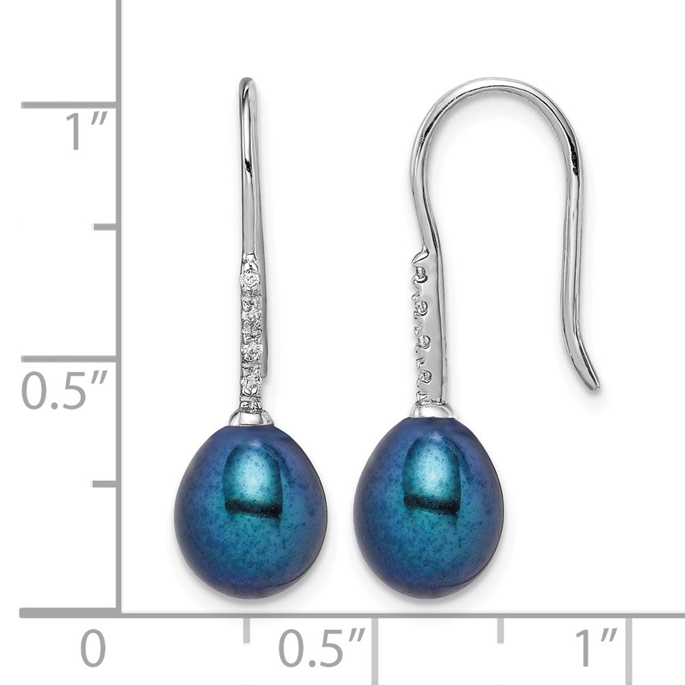 Sterling Silver RH-plated 7-8mm Black FWC Pearl & CZ Dangle Earrings
