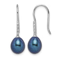 Sterling Silver RH-plated 7-8mm Black FWC Pearl & CZ Dangle Earrings