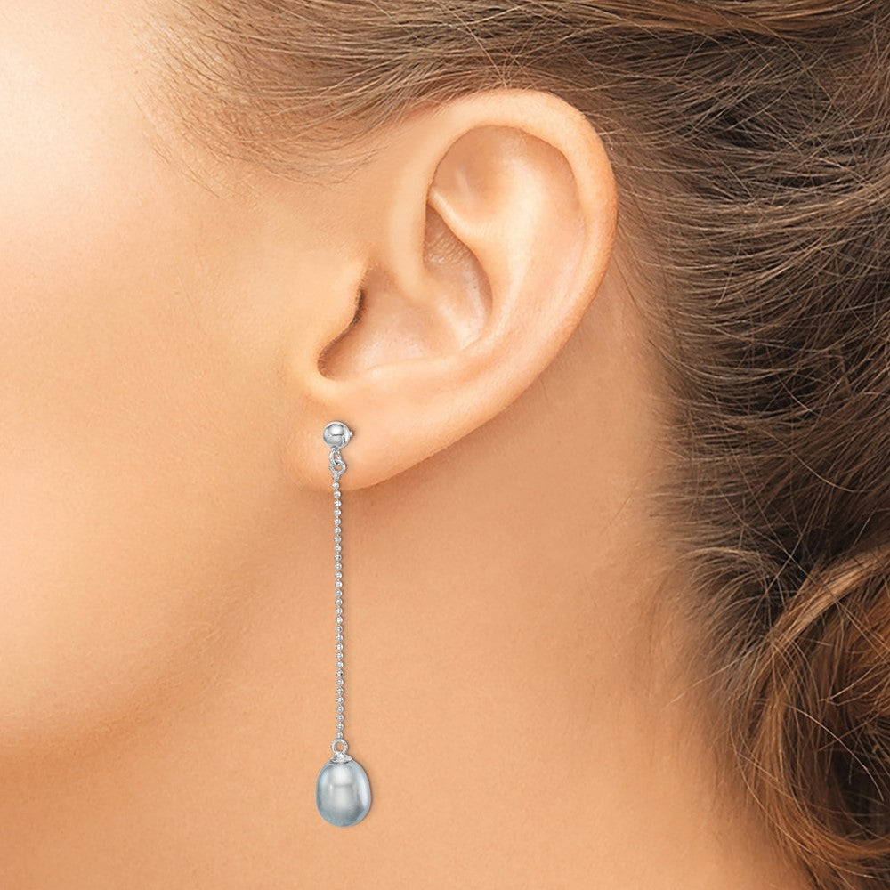 Sterling Silver RH-plated 7-8mm Grey FWC Pearl Post Dangle Earrings