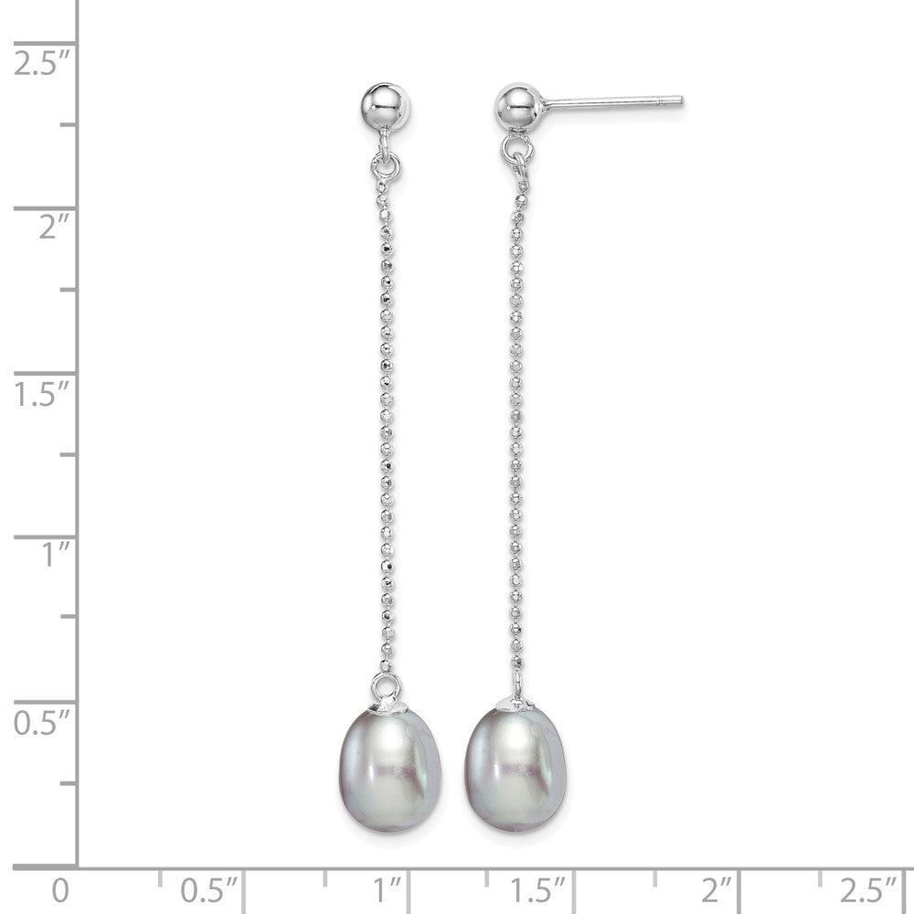 Sterling Silver RH-plated 7-8mm Grey FWC Pearl Post Dangle Earrings