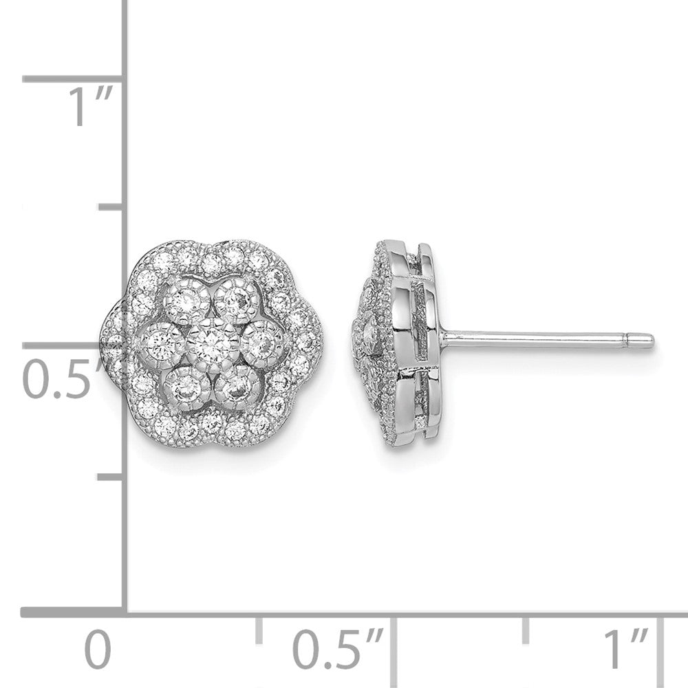Sterling Silver Rhodium-plated Polished CZ Flower Post Earrings