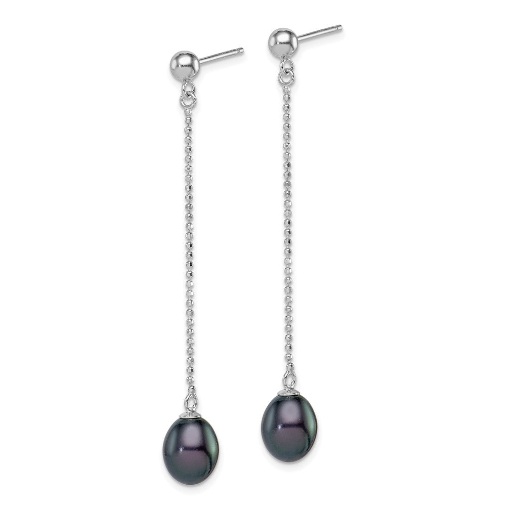 Sterling Silver RH-plated 7-8mm Black FWC Pearl Post Dangle Earrings