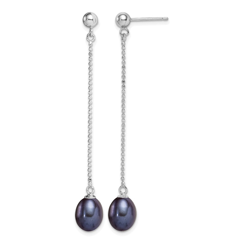 Sterling Silver RH-plated 7-8mm Black FWC Pearl Post Dangle Earrings