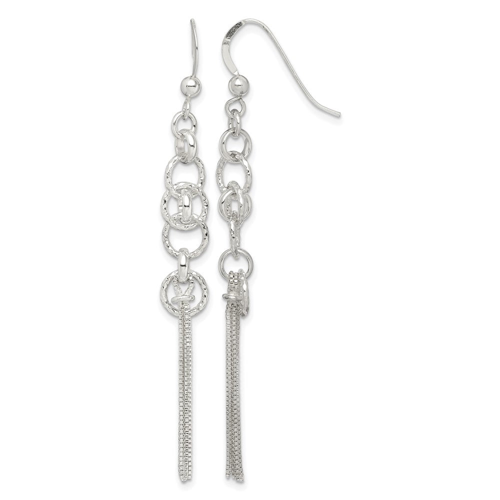 Sterling Silver Polished & D/C Circle & Multi-strand Chain Dangle Earrings