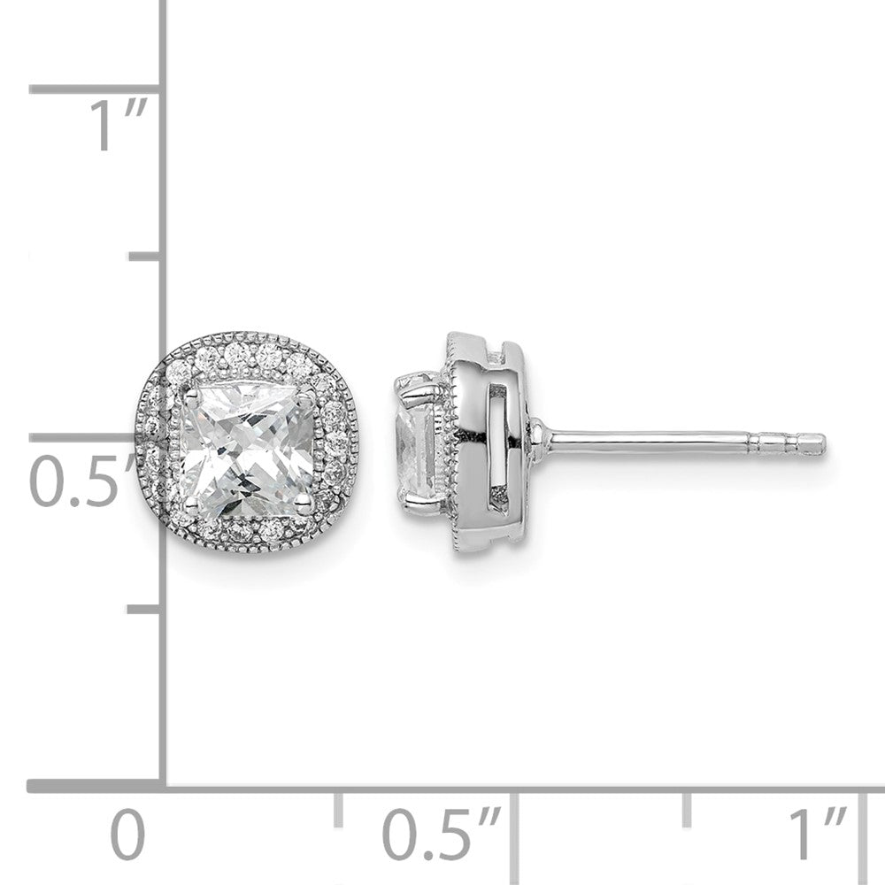 Sterling Silver RH-plated Polished & Textured 5mm CZ Halo Post Earrings