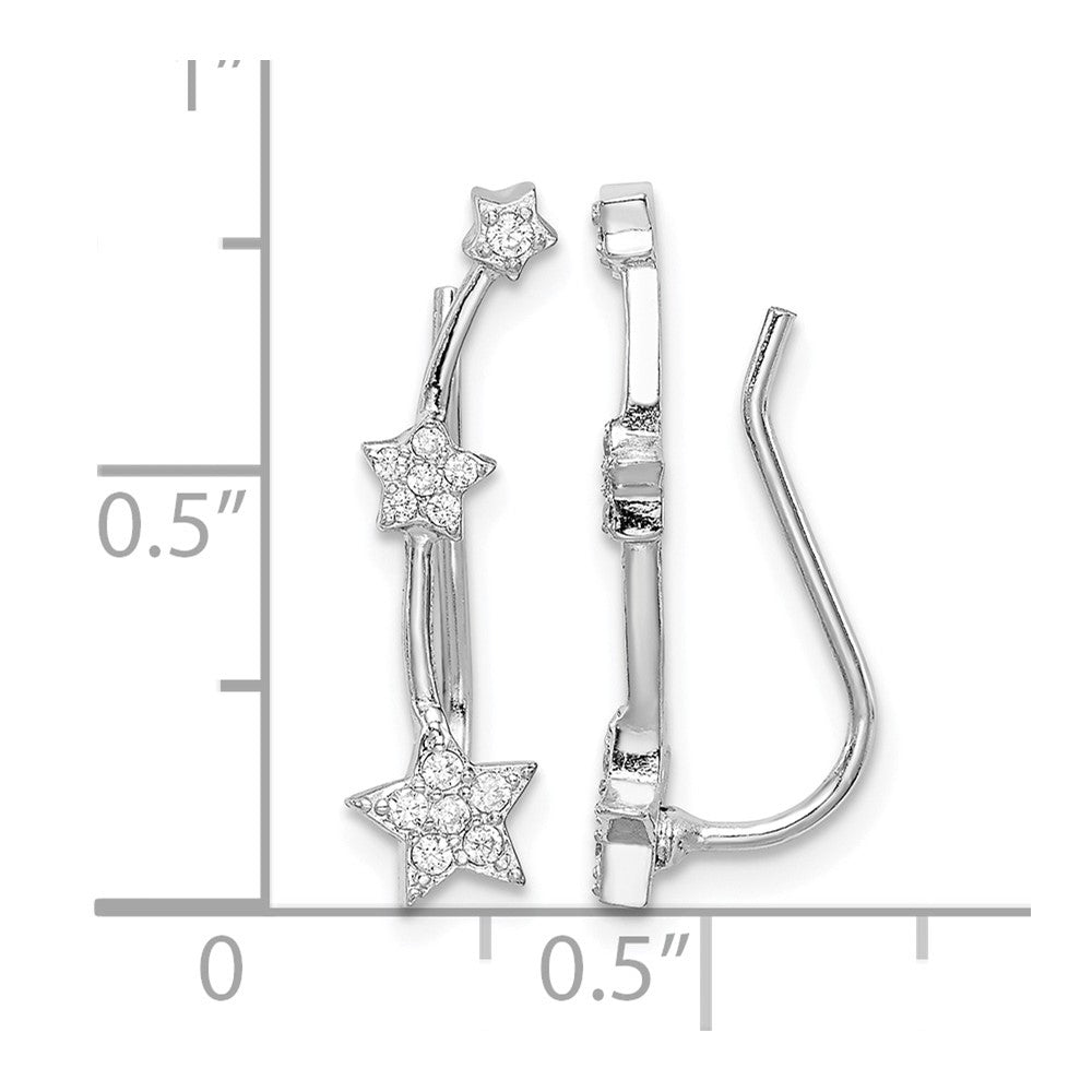 Sterling Silver Rhodium-plated Polished CZ Three Star Ear Climber Earrings