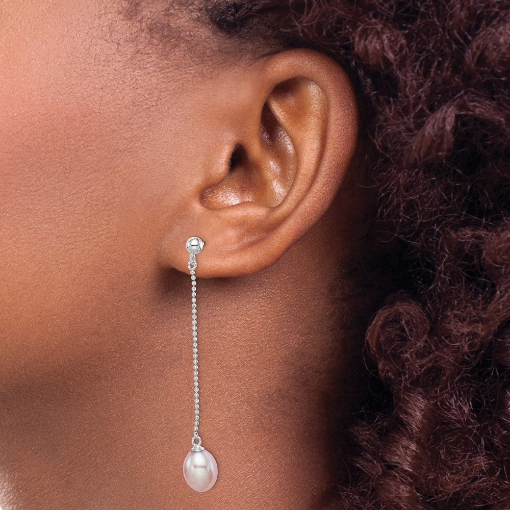 Sterling Silver RH-plated 7-8mm Purple FWC Pearl Post Dangle Earrings