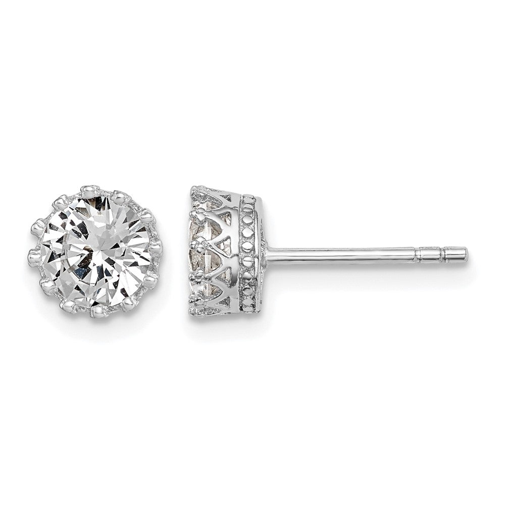 Sterling Silver RH-plated Polished & Textured 6mm Round CZ Stud Earrings