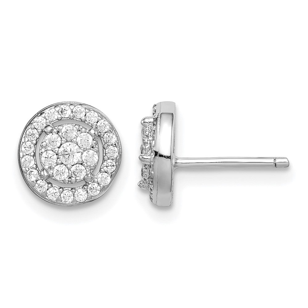 Sterling Silver Rhodium-plated Polished Pavé CZ Halo Circle Post Earrings