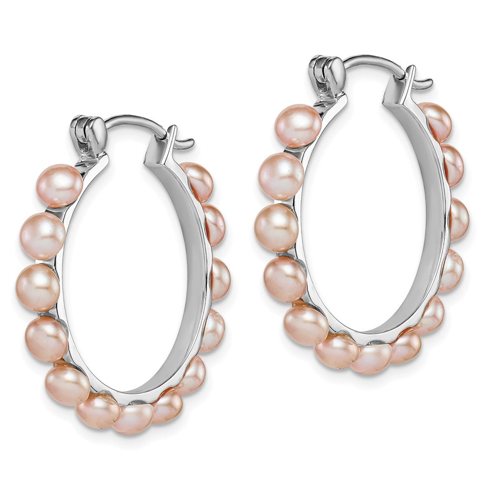 Sterling Silver RH-plated 4-5mm Pink FWC Pearl Round Hoop Earrings