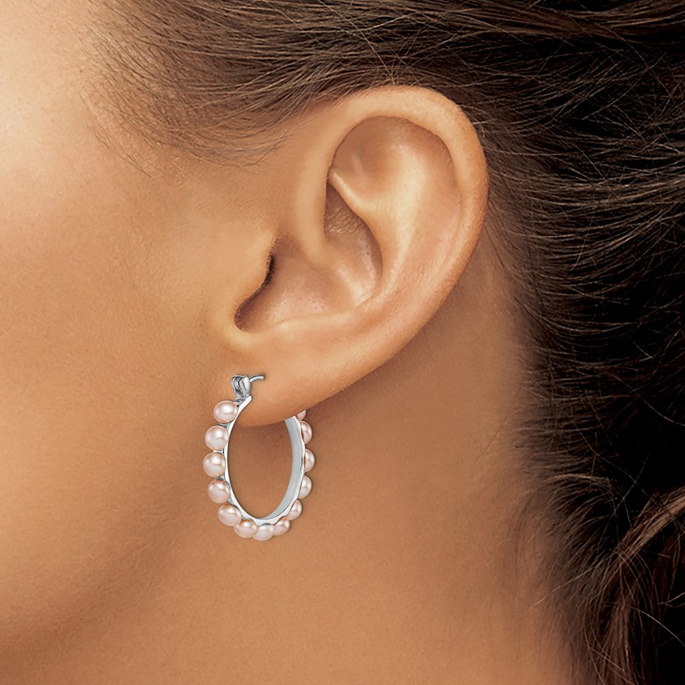 Sterling Silver RH-plated 4-5mm Pink FWC Pearl Round Hoop Earrings