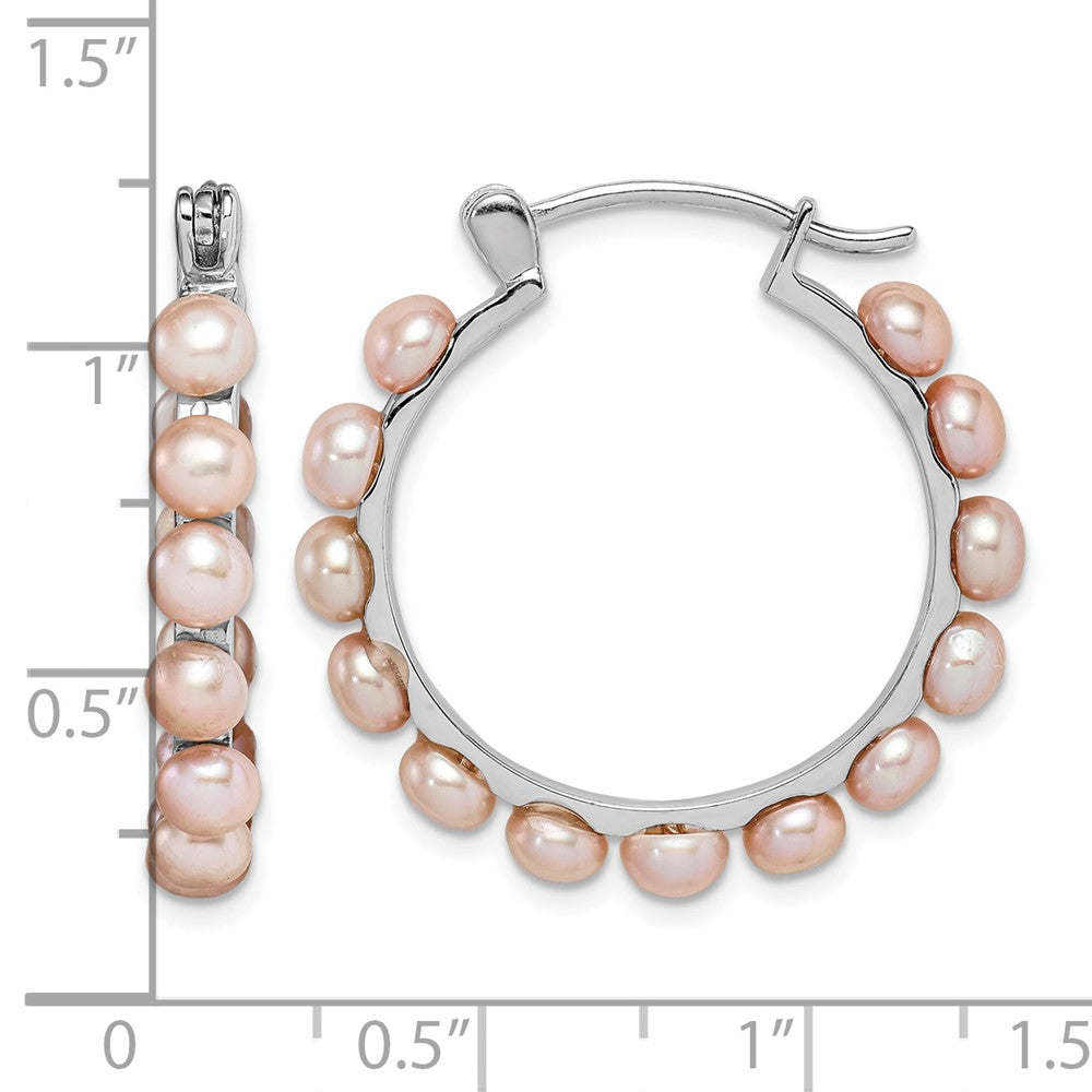 Sterling Silver RH-plated 4-5mm Pink FWC Pearl Round Hoop Earrings