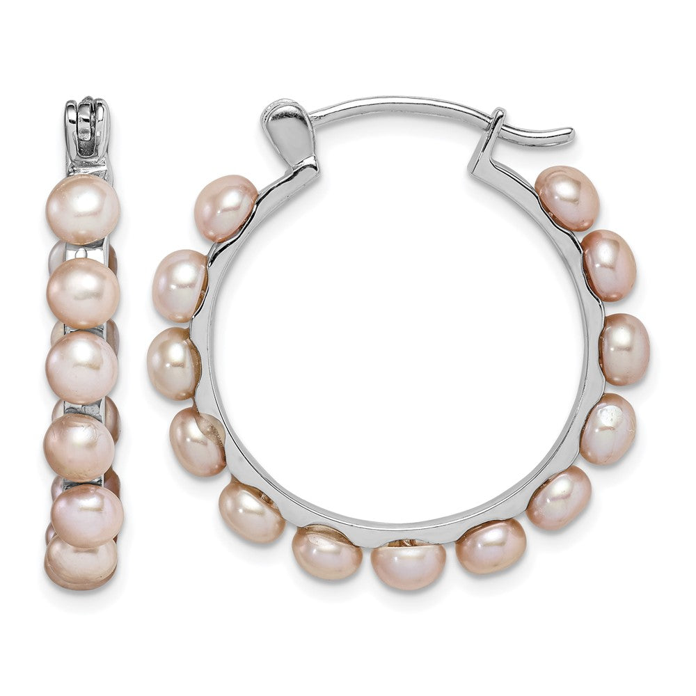 Sterling Silver RH-plated 4-5mm Pink FWC Pearl Round Hoop Earrings