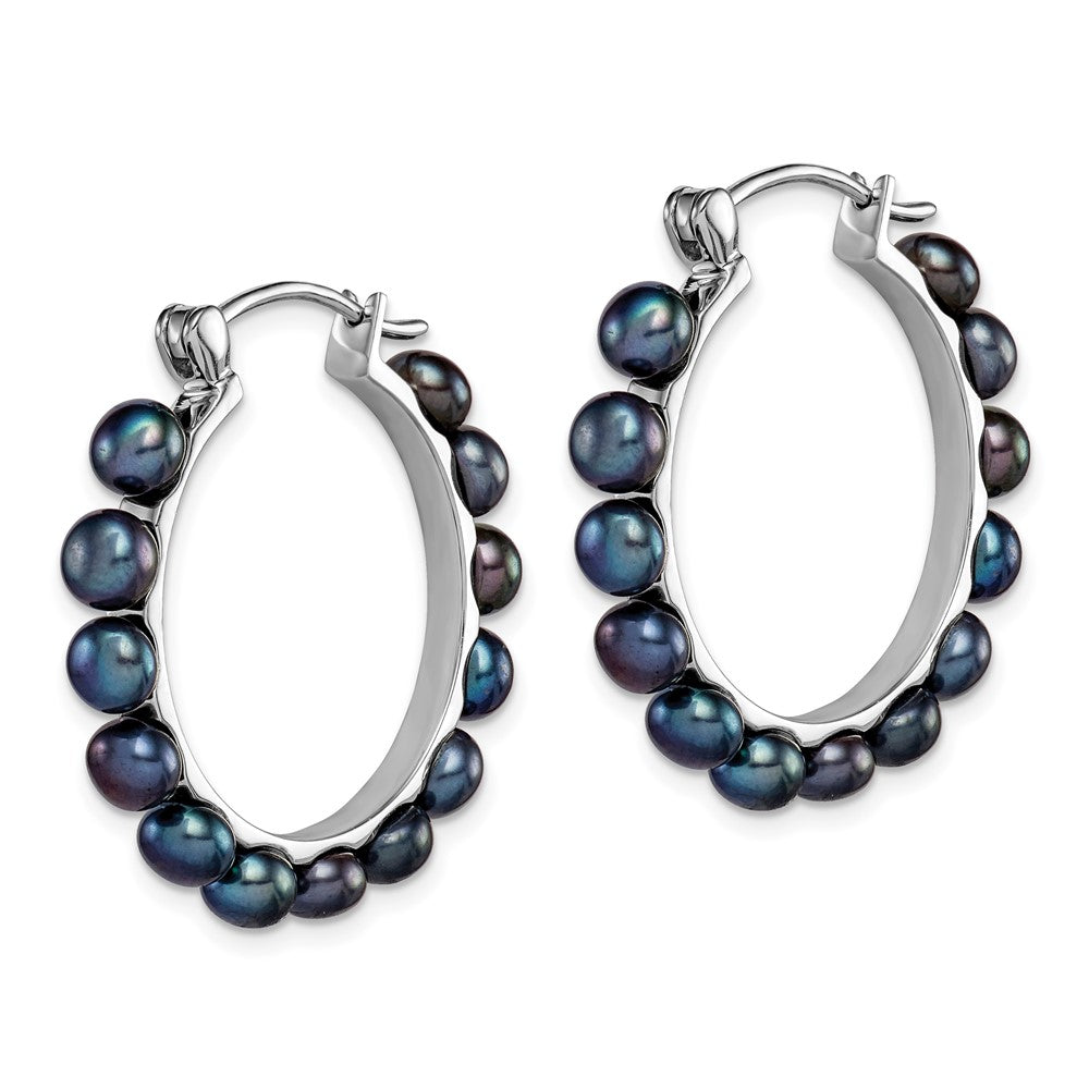Sterling Silver Rhodium-plated 4-5mm Black FWC Pearl Hoop Earrings