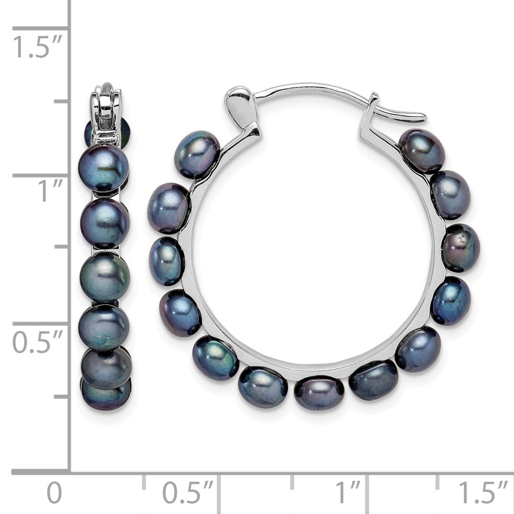 Sterling Silver Rhodium-plated 4-5mm Black FWC Pearl Hoop Earrings