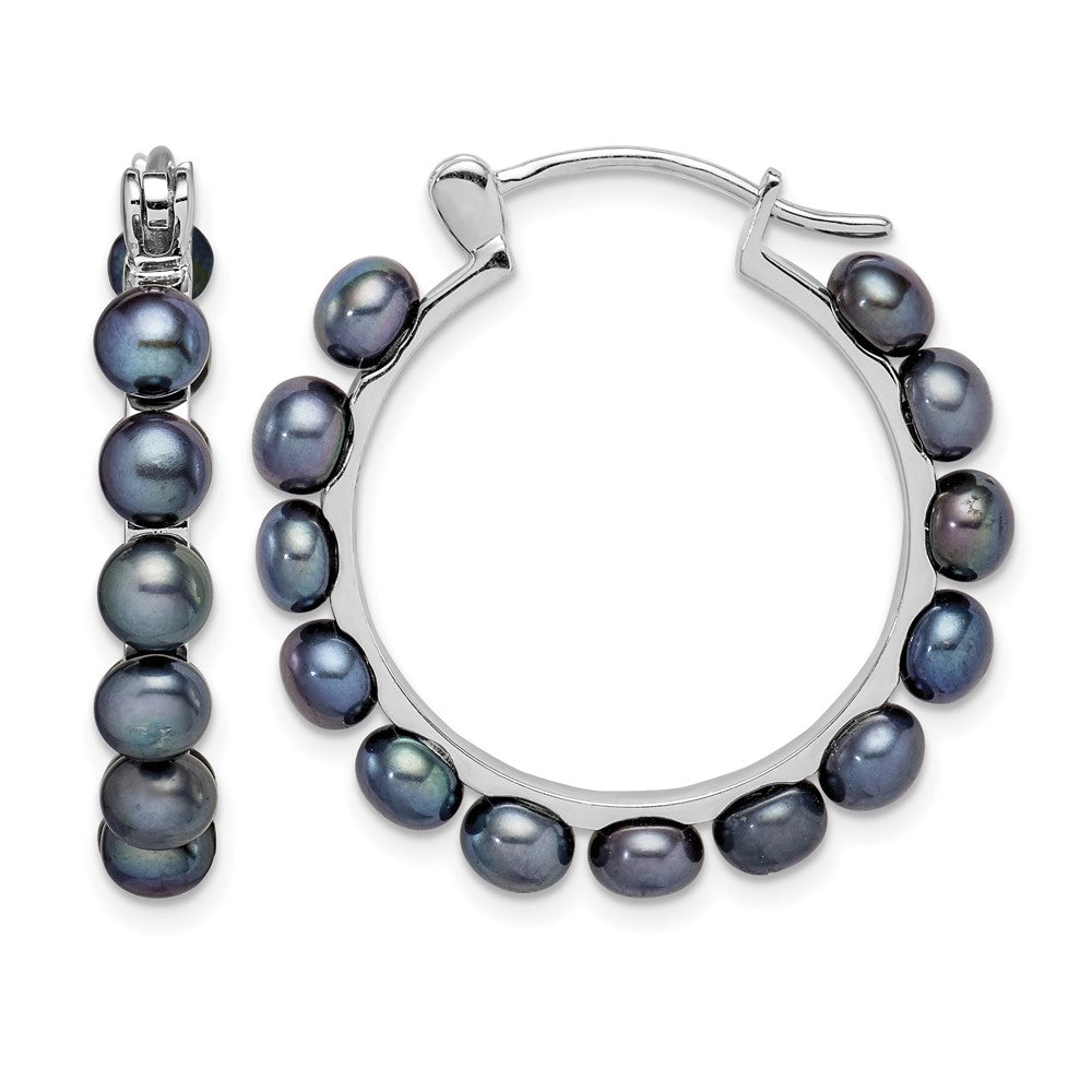 Sterling Silver Rhodium-plated 4-5mm Black FWC Pearl Hoop Earrings