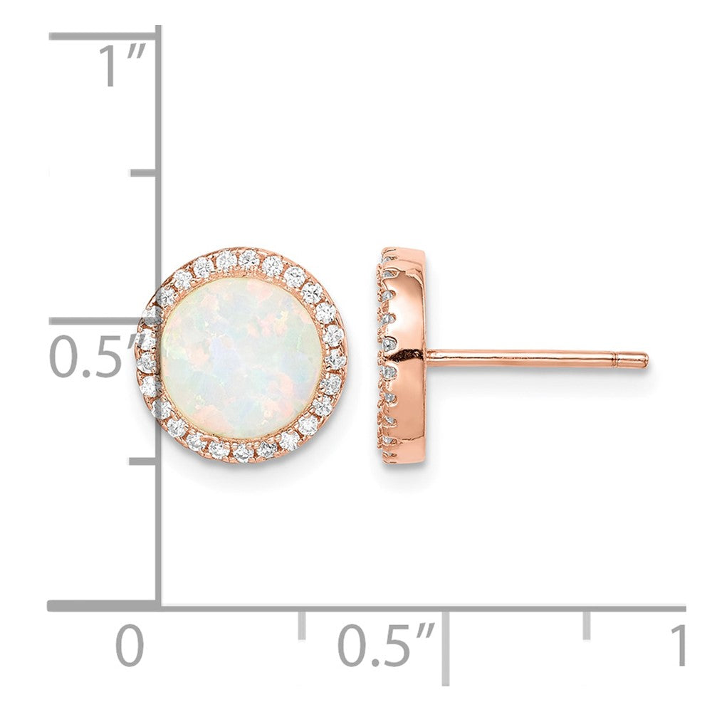 Sterling Silver Rose-Tone Created Opal & CZ Round Halo Post Earrings