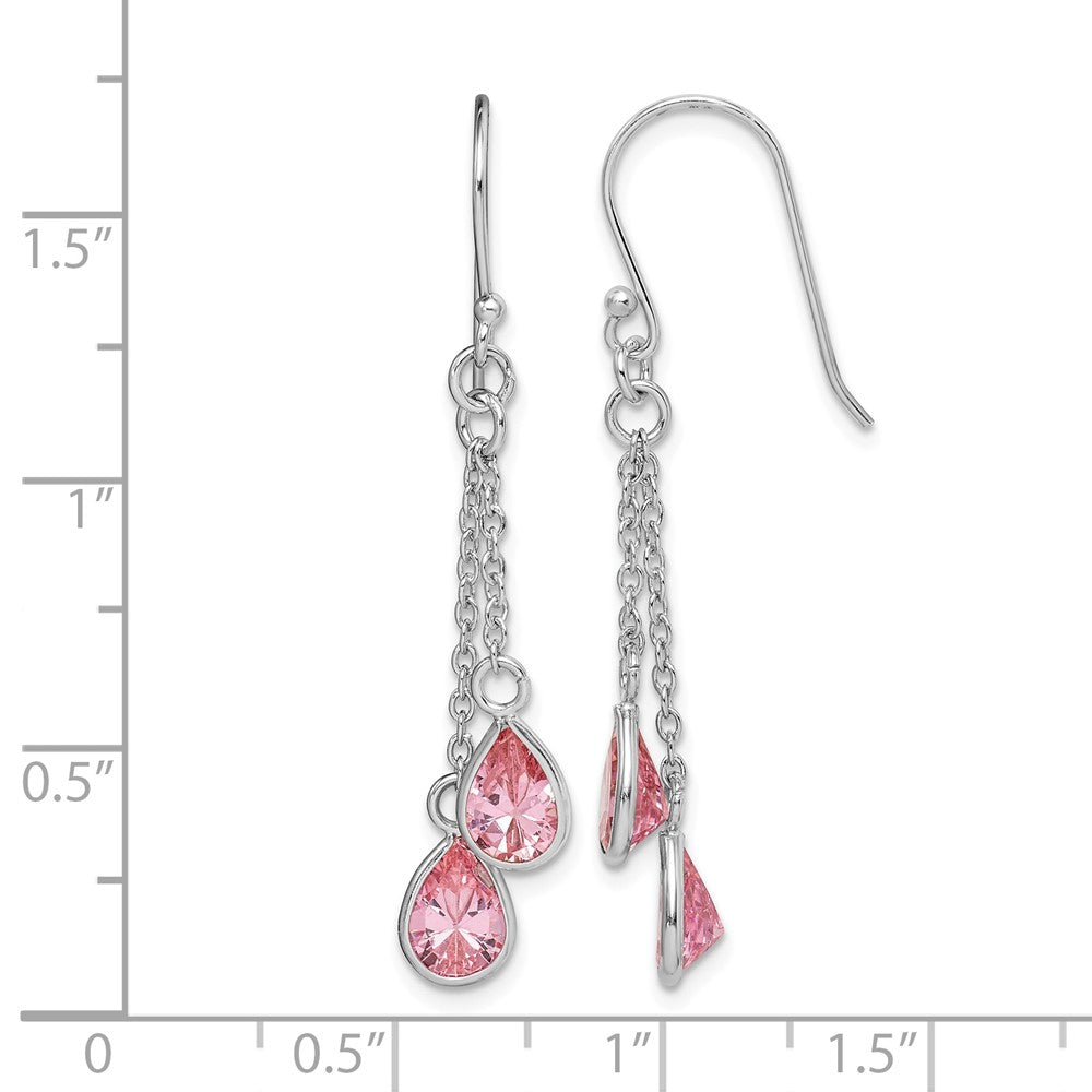 Sterling Silver RH-plated Multi-Strand Pink CZ Teardrop Dangle Earrings