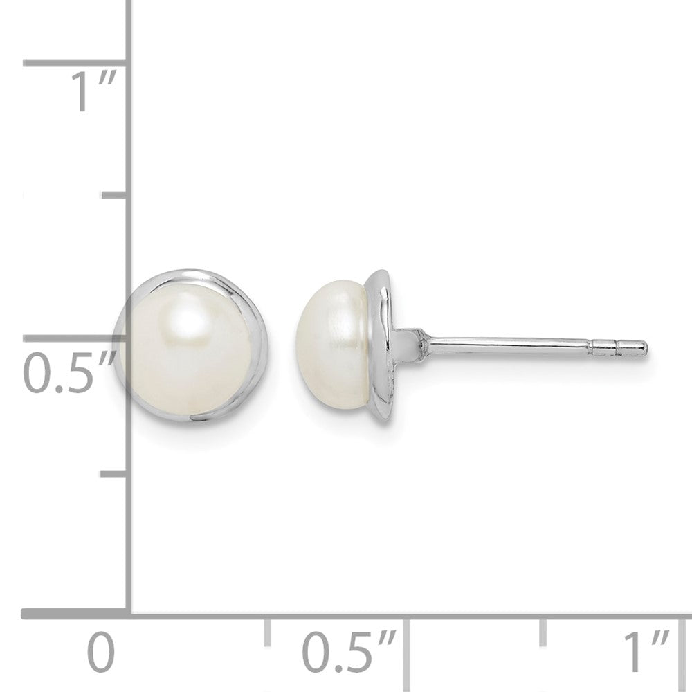 Sterling Silver Rhod-plat 6-7mm White Button FWC Pearl Earrings