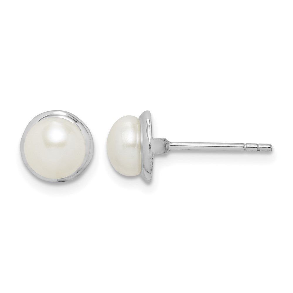 Sterling Silver Rhod-plat 6-7mm White Button FWC Pearl Earrings