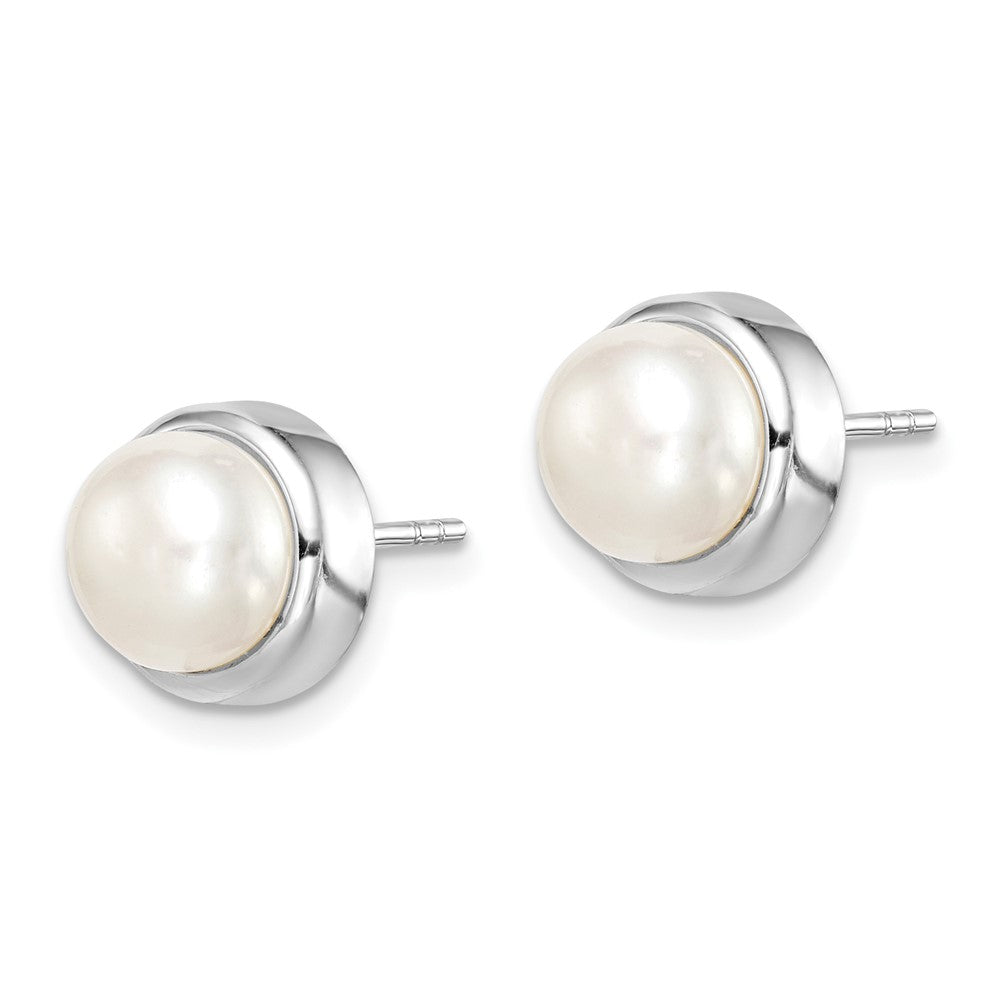 sterling Silver Rhod-plat 7-8mm White Button FWC Pearl Earrings
