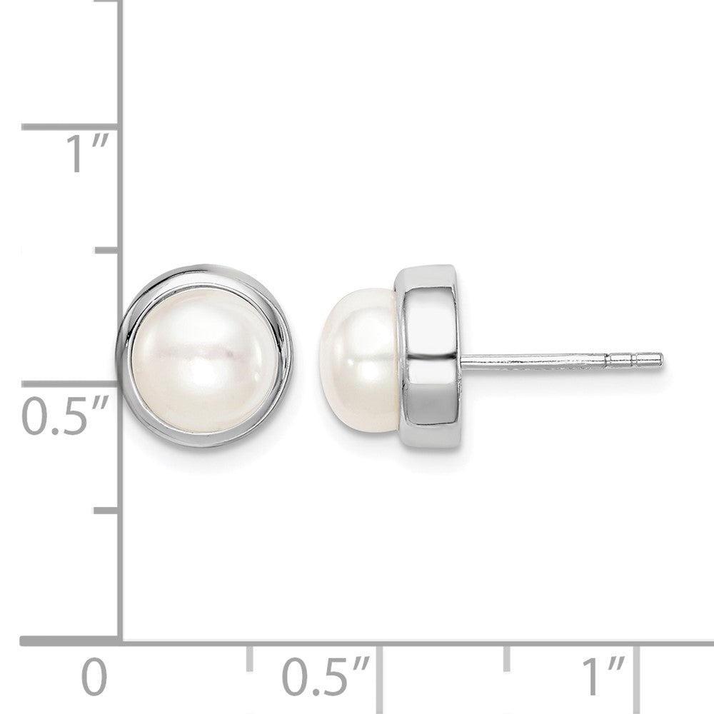 sterling Silver Rhod-plat 7-8mm White Button FWC Pearl Earrings
