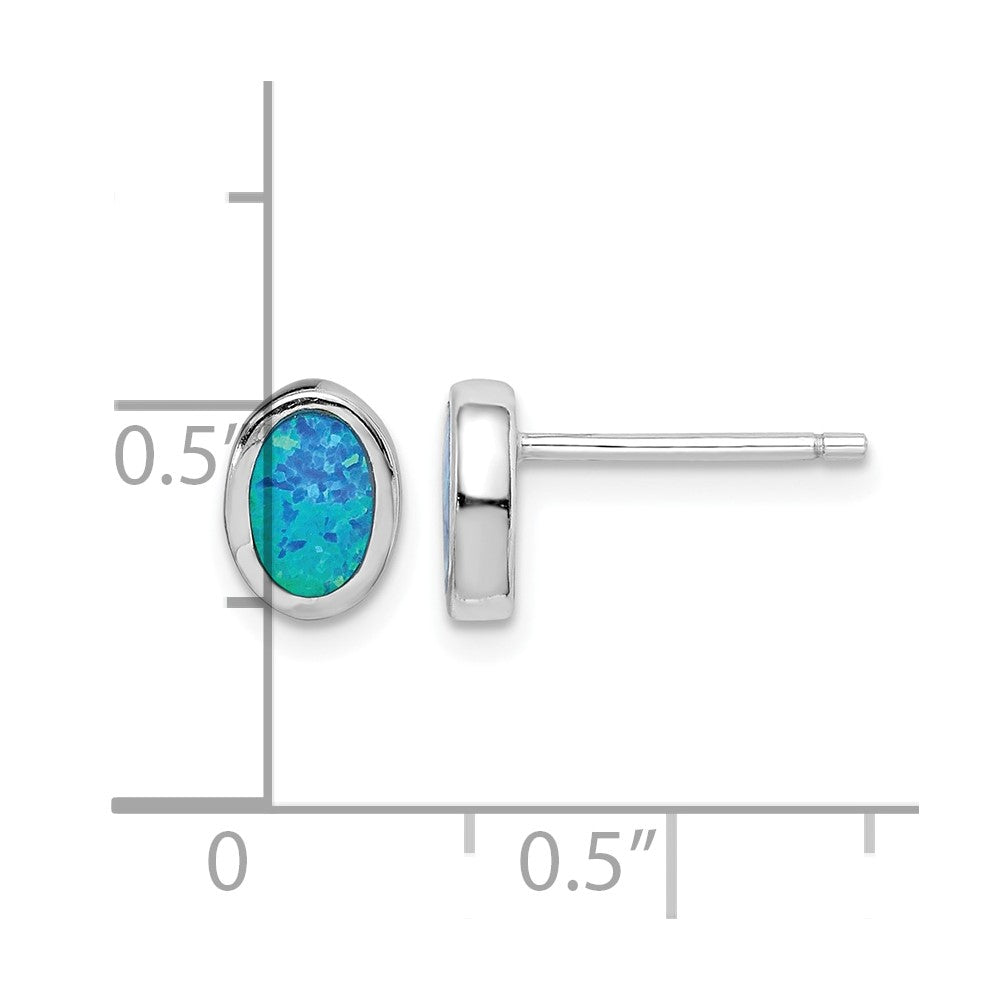 Sterling Silver RH-plated Polished Blue Created Opal Oval Stud Earrings