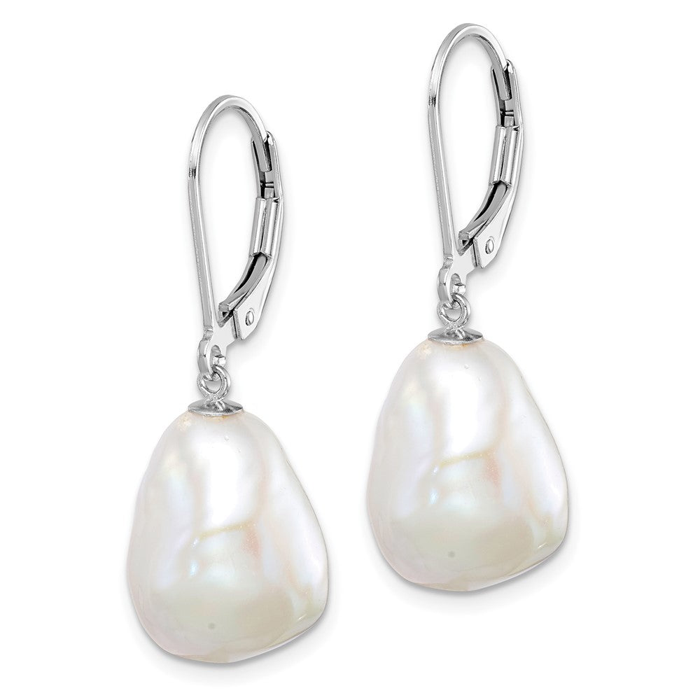 Sterling Silver RH-plated 11-12mm Keshi Pearl Leverback Dangle Earrings