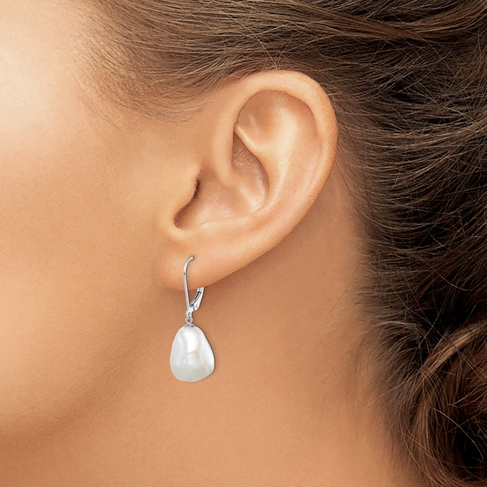Sterling Silver RH-plated 11-12mm Keshi Pearl Leverback Dangle Earrings