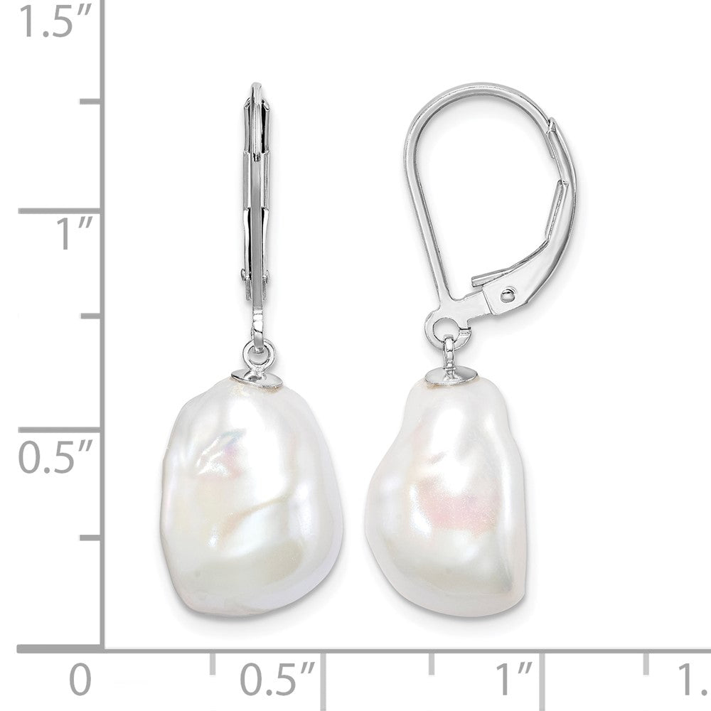 Sterling Silver RH-plated 11-12mm Keshi Pearl Leverback Dangle Earrings