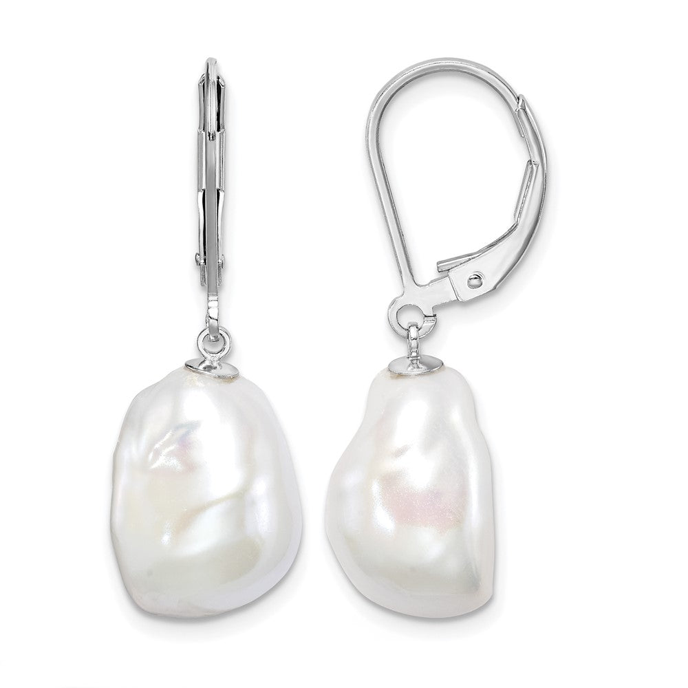 Sterling Silver RH-plated 11-12mm Keshi Pearl Leverback Dangle Earrings