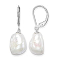 Sterling Silver RH-plated 11-12mm Keshi Pearl Leverback Dangle Earrings
