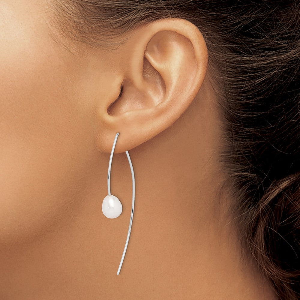 Sterling Silver Rhod-plated Polished 8-9mm FWC Pearl Threader Earrings