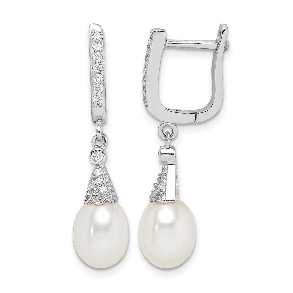 Sterling Silver Rhodium-plated 7-8mm White Rice FWC Pearl CZ Earrings