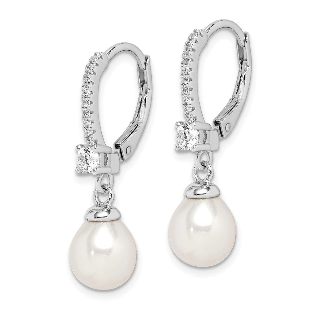 Sterling Silver RH-plated 7-8mm FWC Pearl & CZ Leverback Dangle Earrings