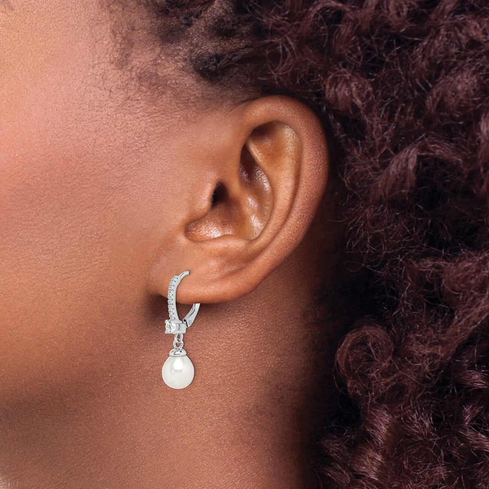 Sterling Silver RH-plated 7-8mm FWC Pearl & CZ Leverback Dangle Earrings