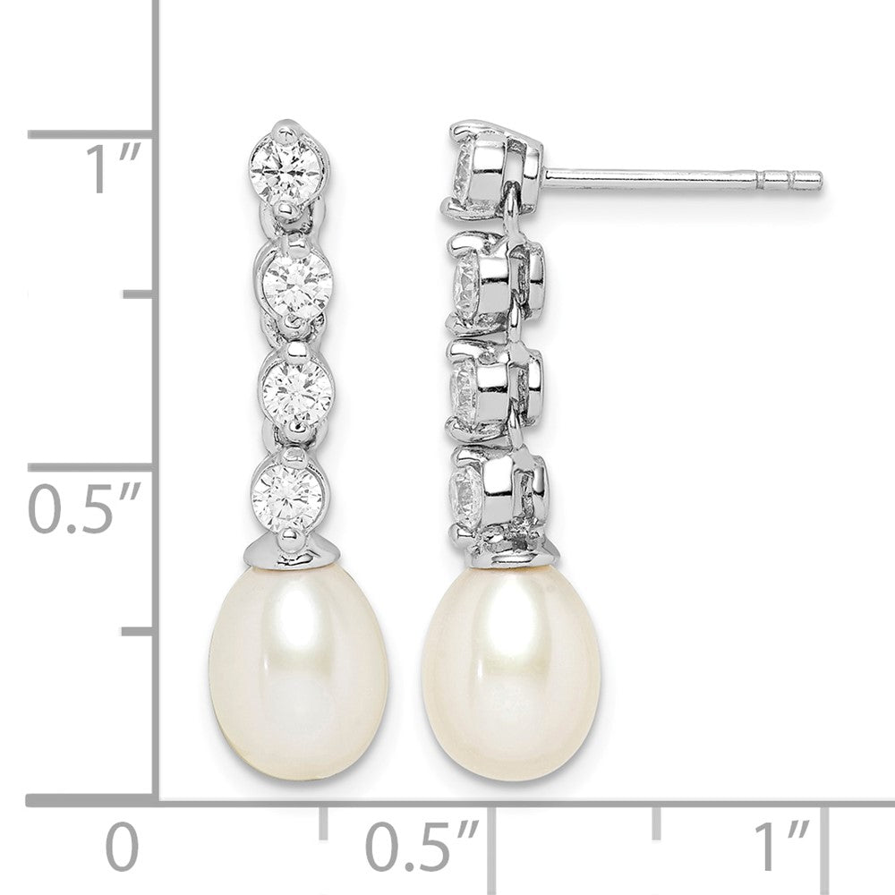 Sterling Silver Rhodium-plated 7-8mm White Rice FWC Pearl CZ Earrings