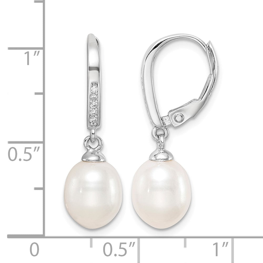 Sterling Silver RH-plated White 7-8mm FWC Pearl & CZ Leverback Earrings