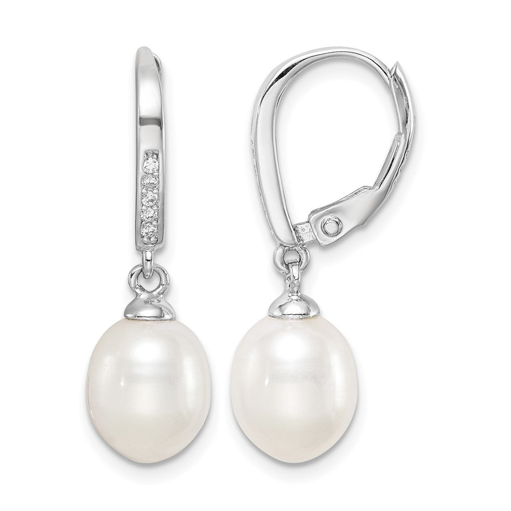 Sterling Silver RH-plated White 7-8mm FWC Pearl & CZ Leverback Earrings