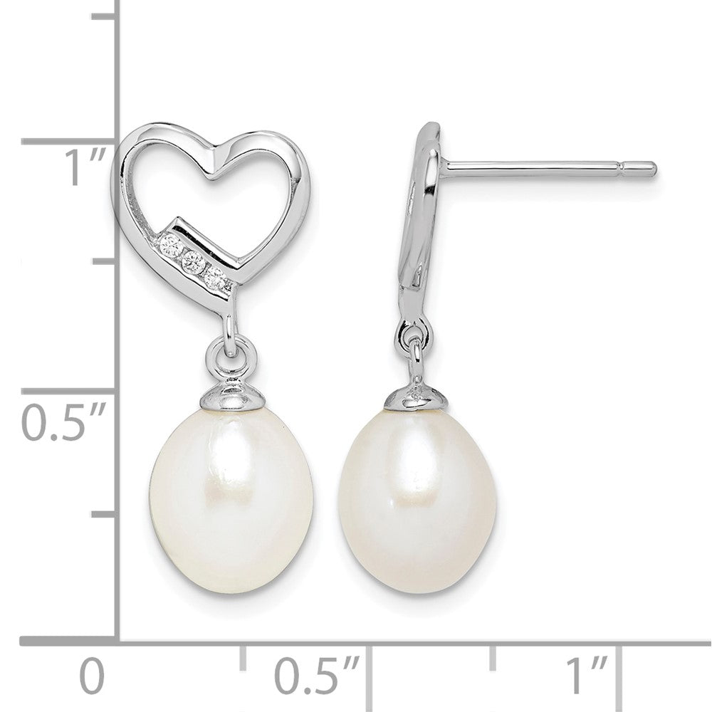 Sterling Silver Rhodium-plated 7-8mm Rice FWC Pearl CZ Heart Earrings